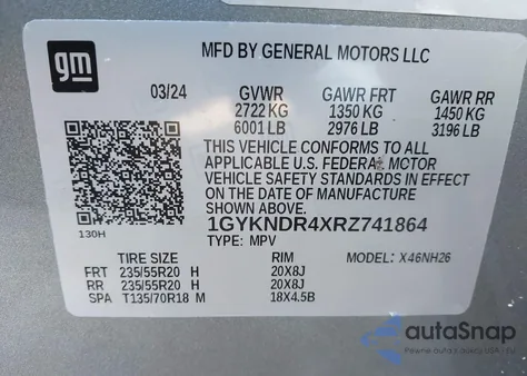 2024 Cadillac Xt5 Awd Premium Luxury z USA, uszkodzony, nr VIN 1GYKNDR4XRZ741864